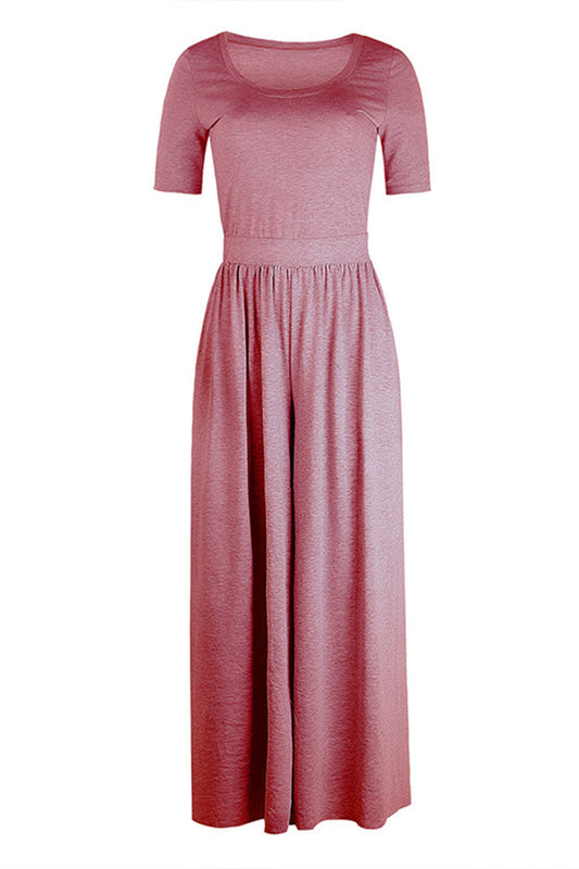 Rundhalsausschnitt Jumpsuit mit kurzen Ärmeln und langer Taille
