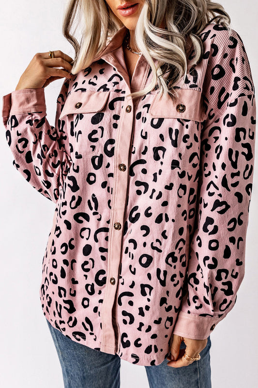 Gerdine | Charmante rosa Cordjacke mit Leopardenmuster