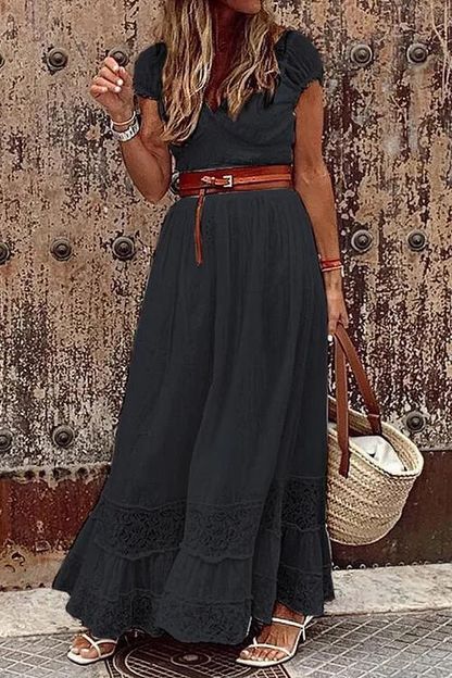 Maxikleid mit kurzen Ärmeln, Spitze und V-Ausschnitt