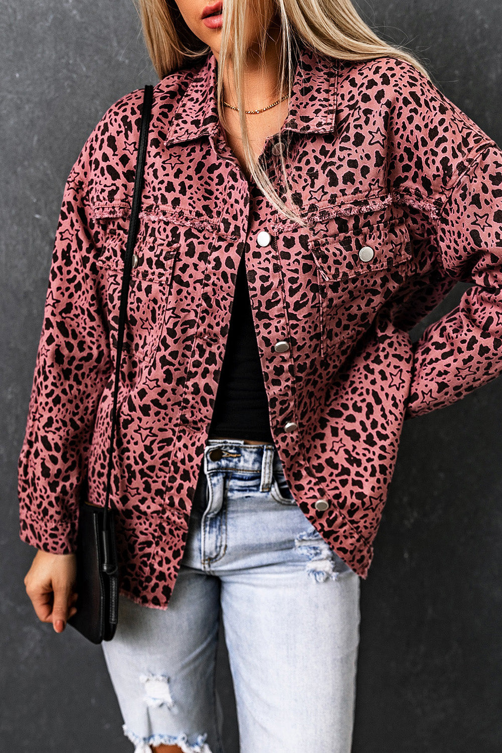 Maeve | Chic Leopardenmuster rosa Jeanshemd Jacke