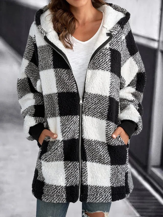 Oversize-Kapuzenjacke mit Karomuster für Frauen - Bequemer, weit geschnittener Mantel