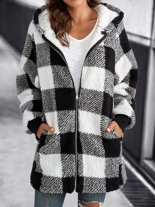 Oversize-Kapuzenjacke mit Karomuster für Frauen - Bequemer, weit geschnittener Mantel