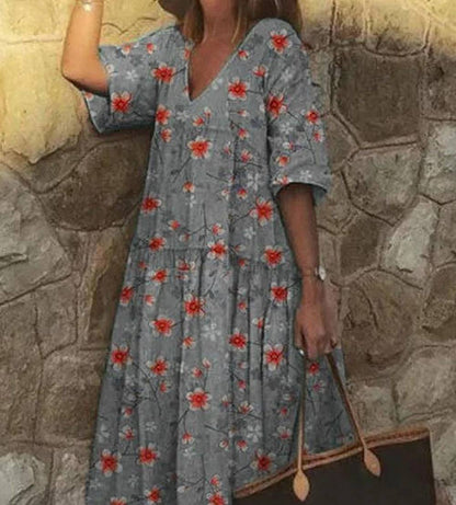 Lässiges Kleid mit V-Ausschnitt und Blumendruck