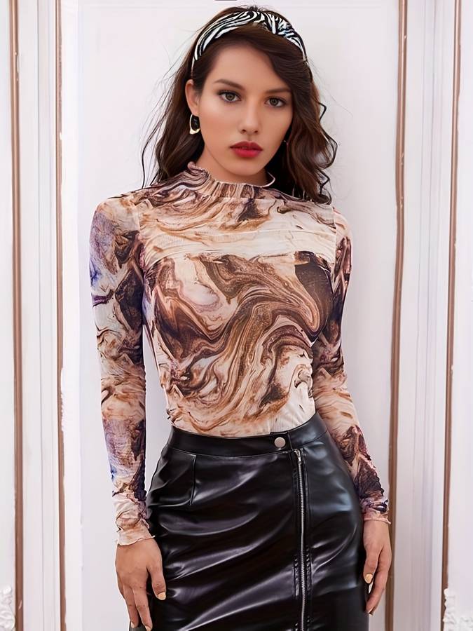 Tesslyn Top | Langärmeliges Marmor-Mesh-Top