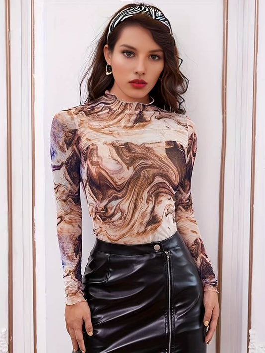 Tesslyn Top | Langärmeliges Marmor-Mesh-Top