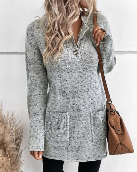 Aimee - Stylischer grauer Longpullover mit Taschen für Winterfrauen