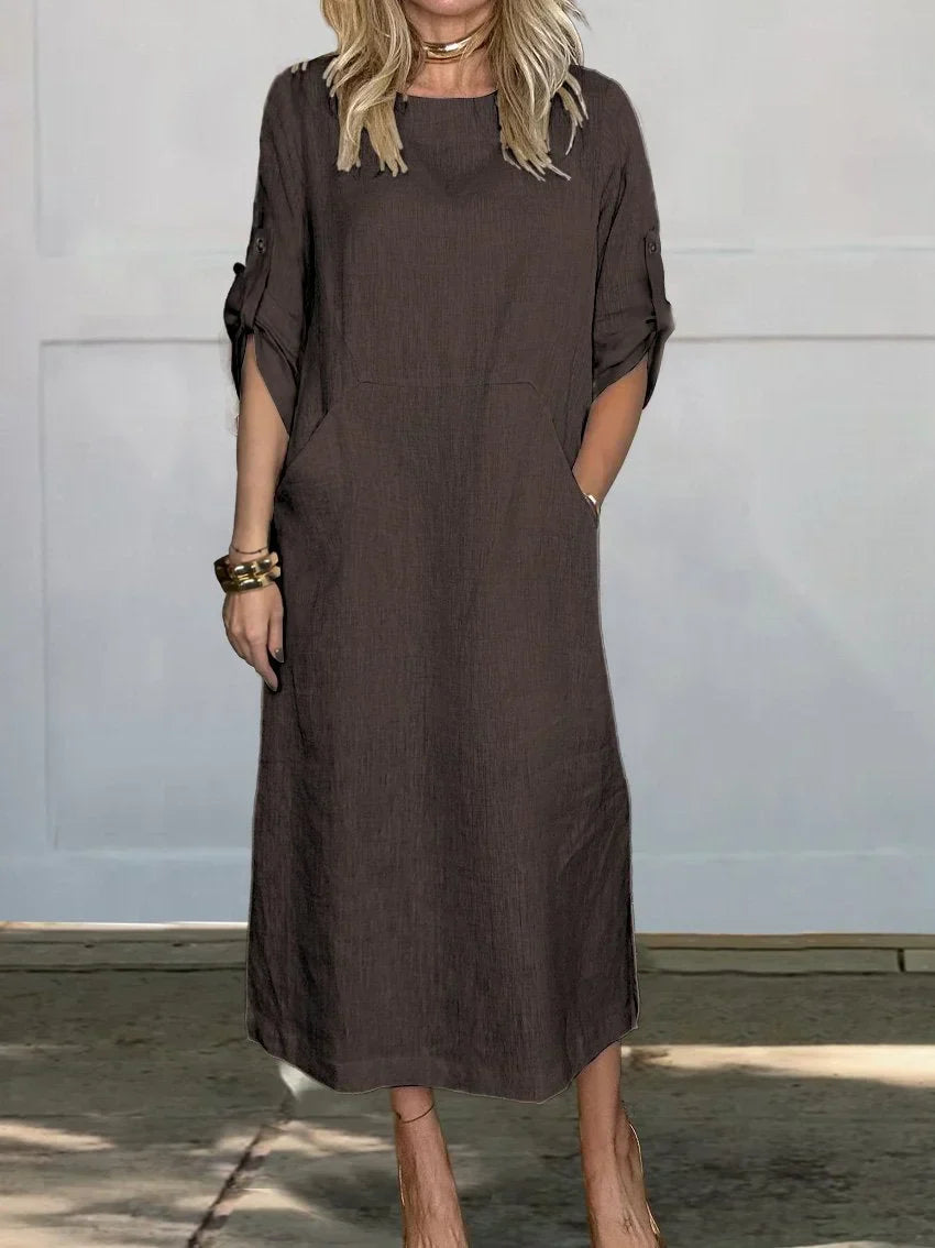 Korinna - Bequemes Leinenkleid mit Taschen in Uni-Farbe