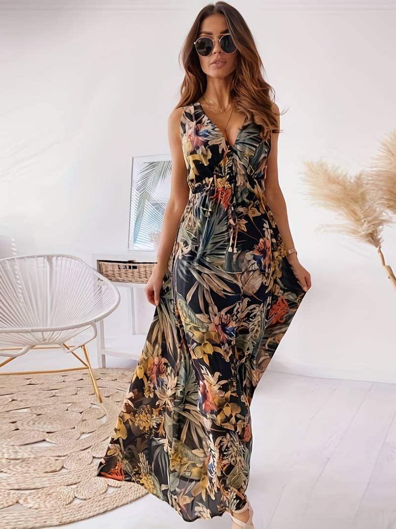 Abitha - Bohème Kleid mit Kordelzug und tropischem Druck