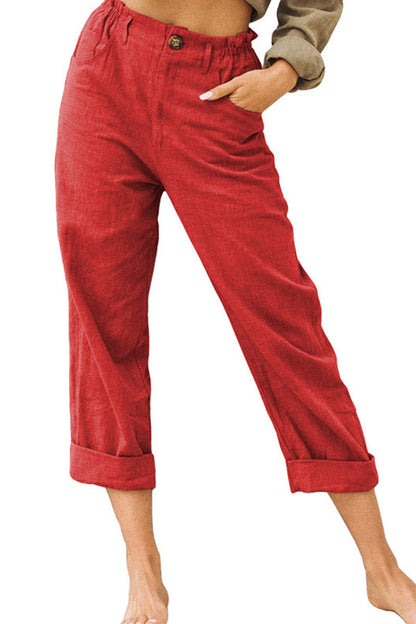 unifarbene Baumwolle und Leinen modische lockere Freizeithose mit hoher Taille