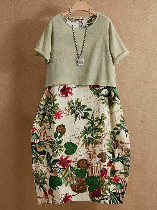 Madison - Zweiteiliges Maxikleid im Vintage-Stil mit kurzen Ärmeln, Rundhalsausschnitt und Blumendruck