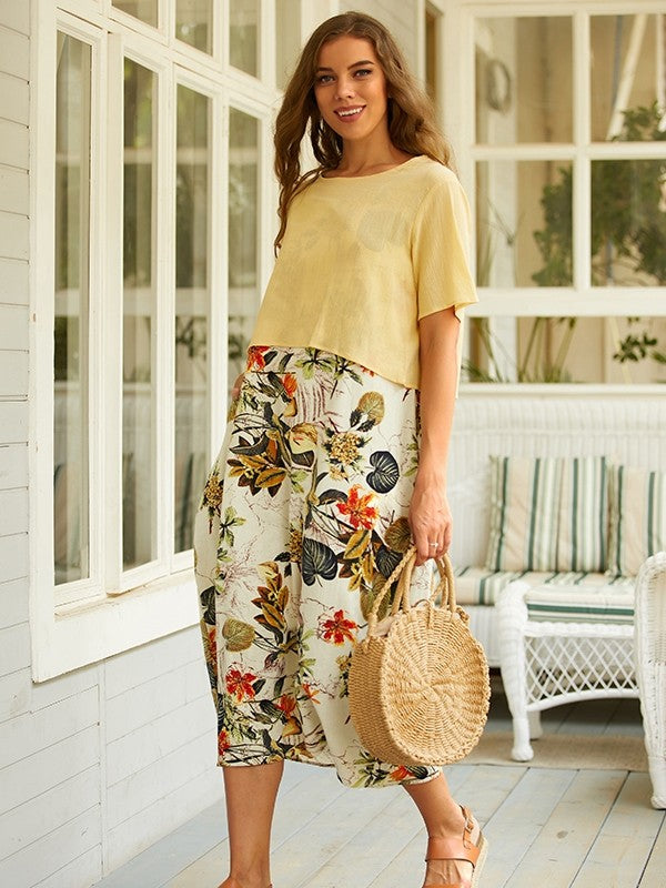 Madison - Zweiteiliges Maxikleid im Vintage-Stil mit kurzen Ärmeln, Rundhalsausschnitt und Blumendruck