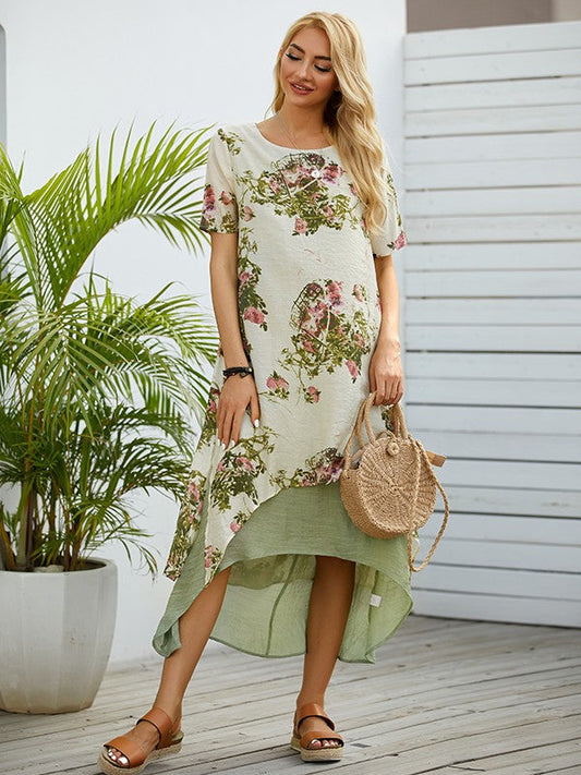 Merith - Rundhalsausschnitt mit Blumendruck Lässiges Maxikleid mit hoher Taille und kurzen Ärmeln