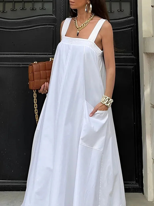Langes, lockeres, einfarbiges, ärmelloses Kleid mit quadratischem Ausschnitt