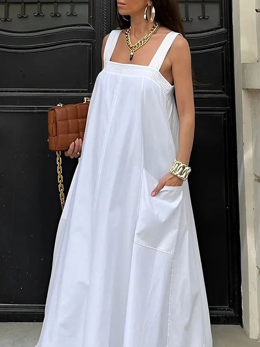 Langes, lockeres, einfarbiges, ärmelloses Kleid mit quadratischem Ausschnitt