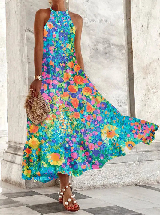 Ärmelloses Kleid mit Print und Ausschnitt bis zur Taille
