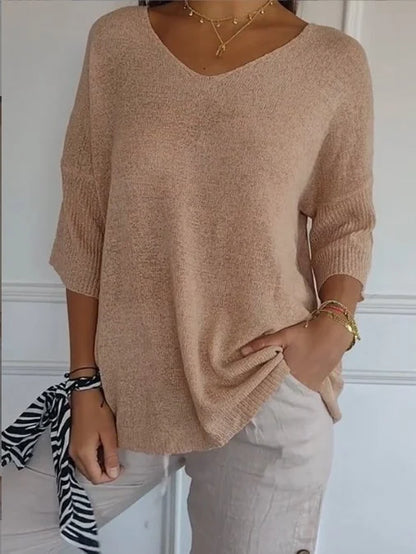Brigitte - Einfarbiges gestricktes Top mit V-Ausschnitt