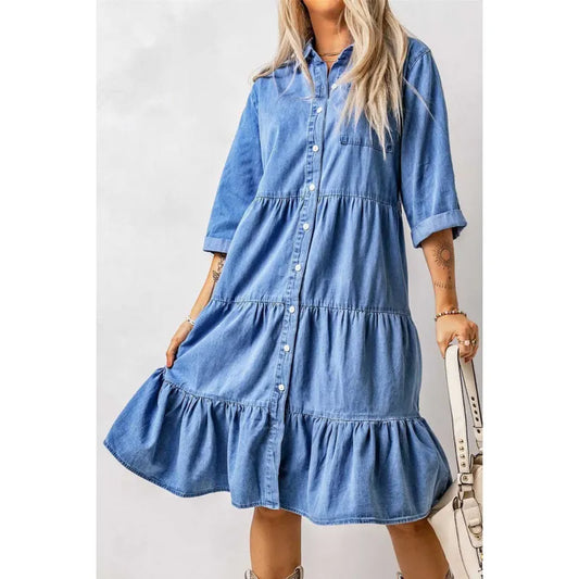 Mini-Chambray-Kleid mit Rüschen und Knopfleiste aus Denim