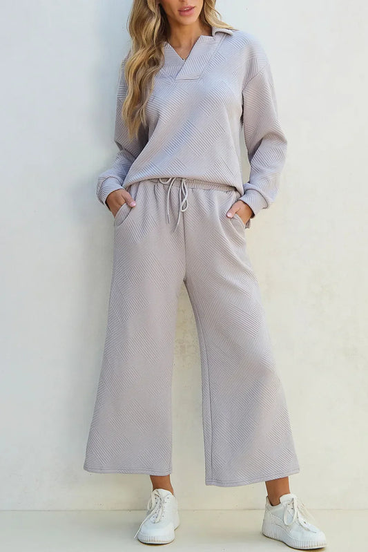 Lila - Texturiertes Ensemble mit langen Ärmeln und Hose mit Kordelzug für Frauen