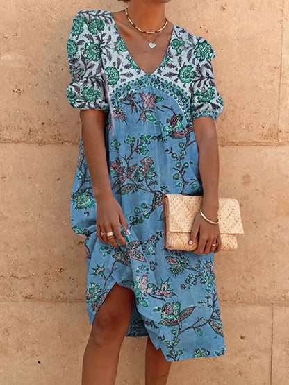 Abida Mehrfarbiges Kleid mit Puffärmeln und V-Ausschnitt
