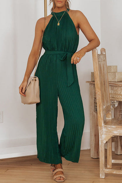 Akkordeonfaltengürtel mit griechischem Ausschnitt ärmelloses Jumpsuit-Kleid