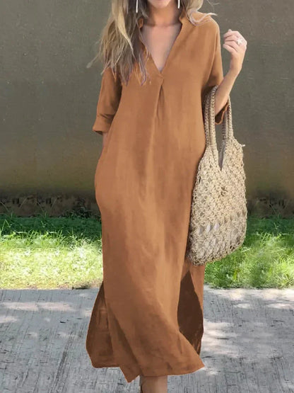 Stella - Schlichtes Leinenkleid mit V-Ausschnitt und Tasche