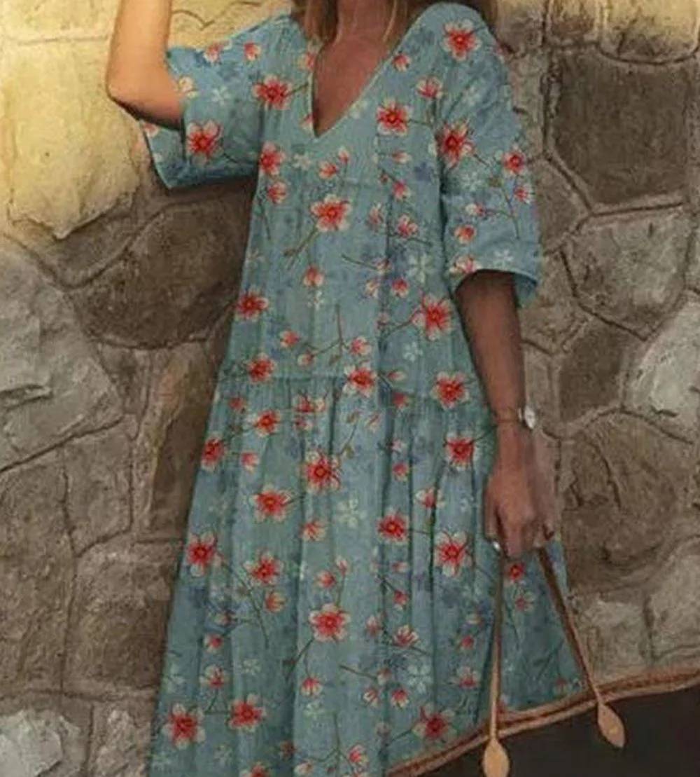 Lässiges Kleid mit V-Ausschnitt und Blumendruck