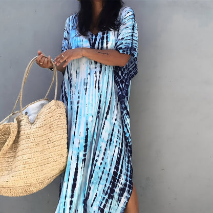 Langes Kleid mit Print und weiten Fledermausärmeln