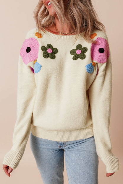 Anne - Strickpullover mit Blumenmuster und gerippten Kanten