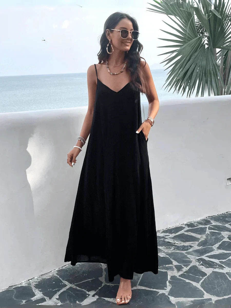 V-Ausschnitt Lose Taille Ärmelloses Kleid Unifarben