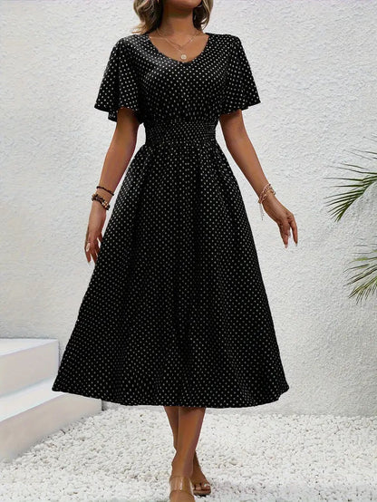 Kleid mit durchgehendem Aufdruck und abgerundeter Taille, lässiges Kleid mit kurzen Ärmeln