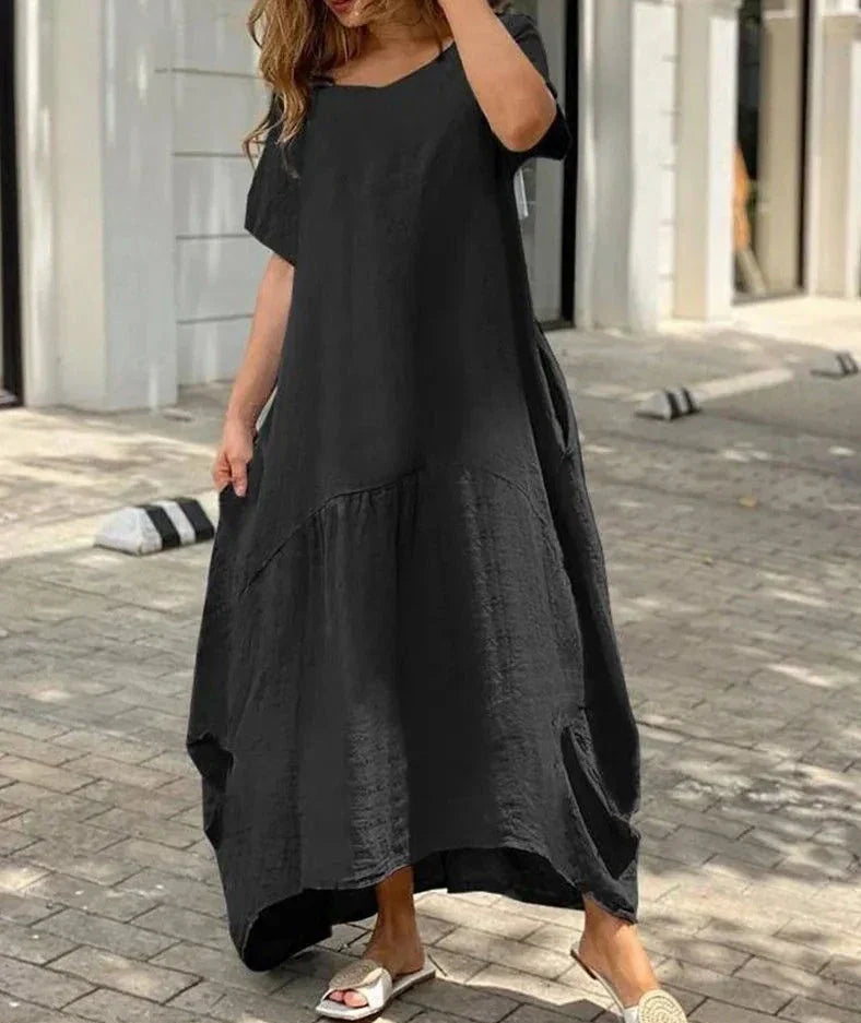Damen-Maxikleid mit weitem V-Ausschnitt und kurzen Ärmeln