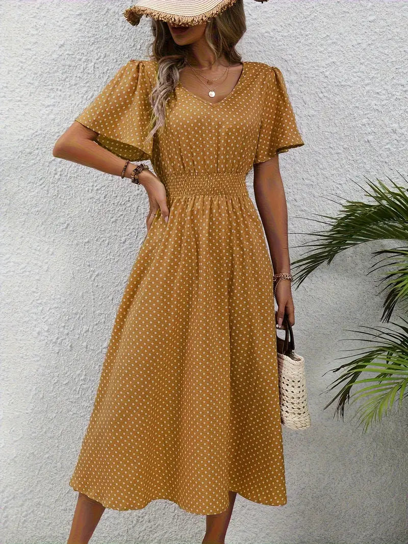 Kleid mit durchgehendem Aufdruck und abgerundeter Taille, lässiges Kleid mit kurzen Ärmeln