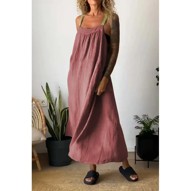 Langes Chambray-Kleid mit Taschen und kontrastierenden Trägern in Beau Blue