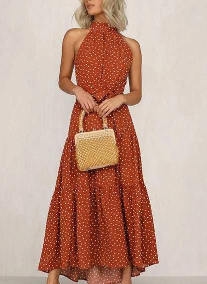 Langes Kleid mit Print und Schleife an der Taille
