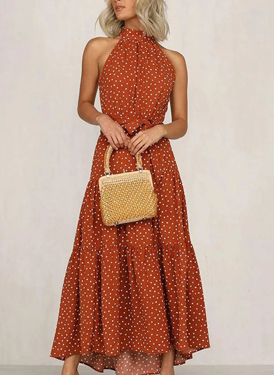 Langes Kleid mit Print und Schleife an der Taille
