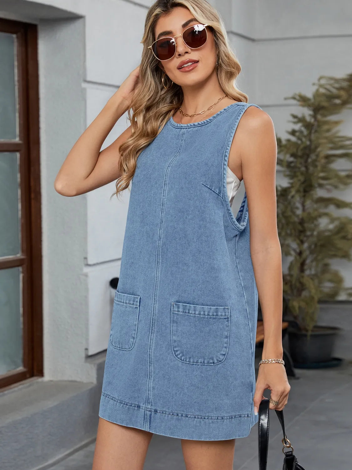 Denim Jumpsuit-Kleid mit Rundhalsausschnitt