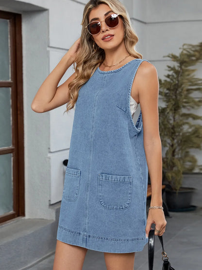 Denim Jumpsuit-Kleid mit Rundhalsausschnitt