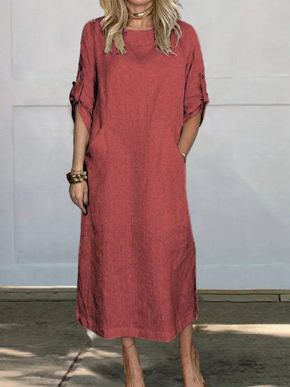 Korinna - Bequemes Leinenkleid mit Taschen in Uni-Farbe