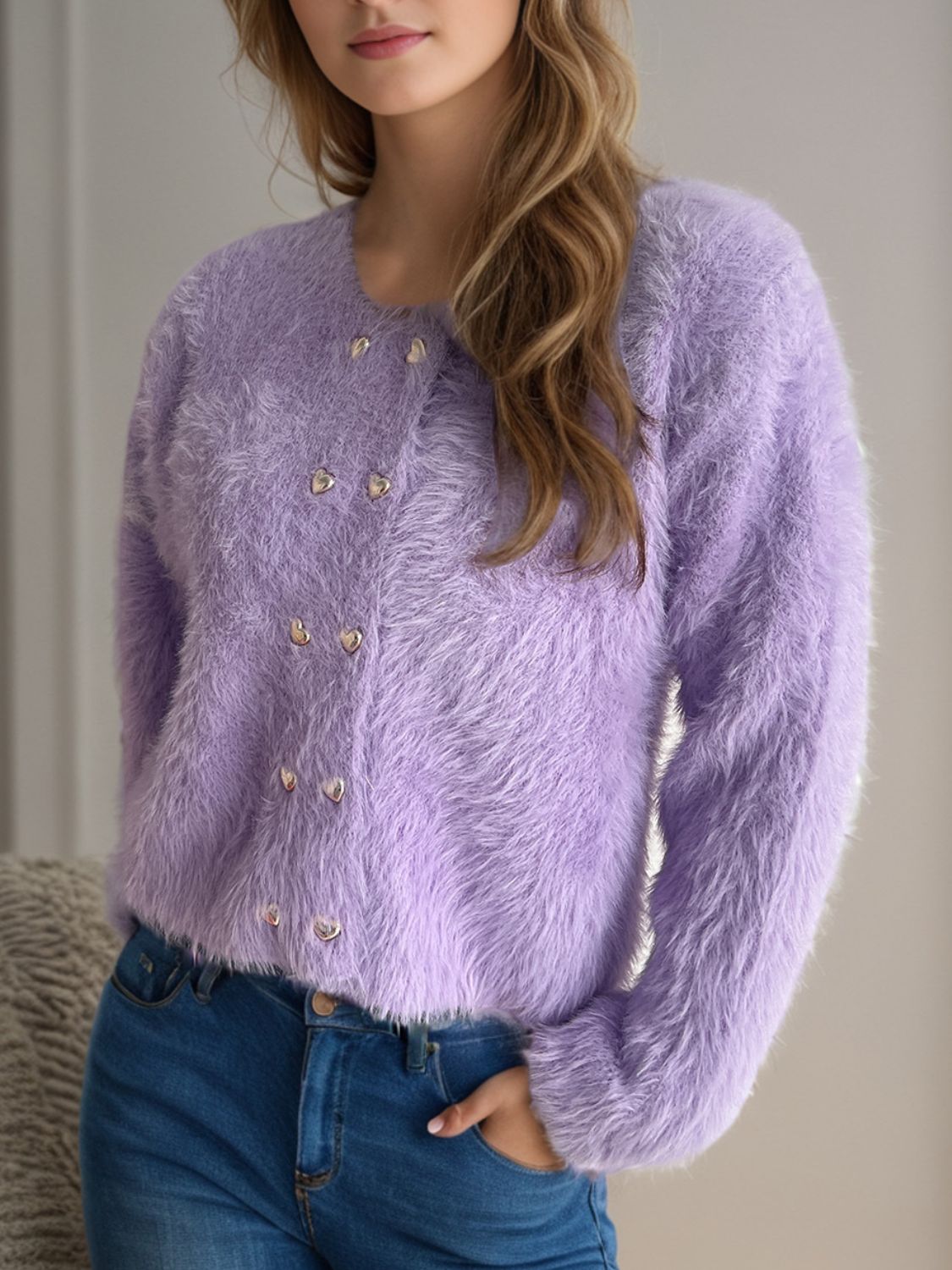 Clara - Strickjacke mit Rundhalsausschnitt und herzförmigen Knöpfen für Damen