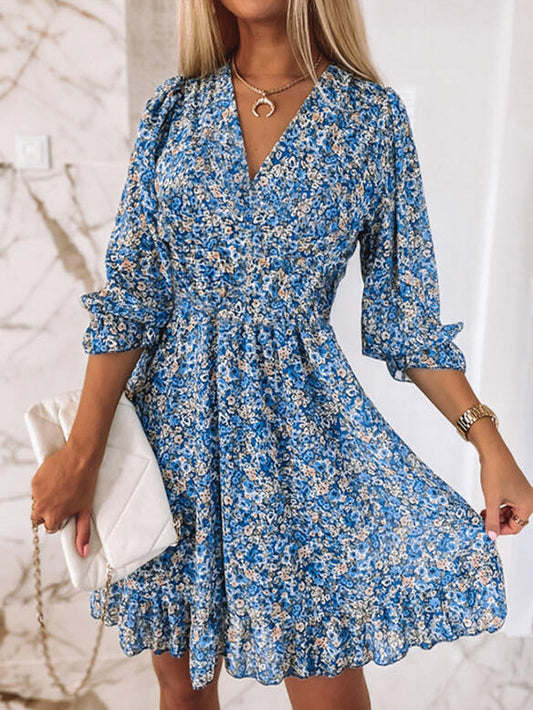 Boho-Kleid mit Print, kurzen Ärmeln und Blumenmuster