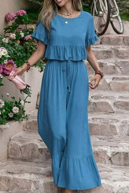 Casual lockere einfarbige Hose mit kurzen Ärmeln und weiten Beinen Zweiteiliges Set