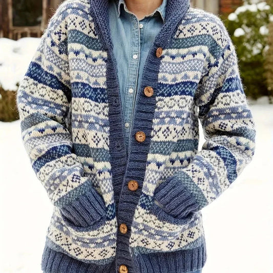 Sophia - Blau Gestreifte Jacke mit Knopfverschluss für Damen