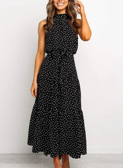 Langes Kleid mit Print und Schleife an der Taille
