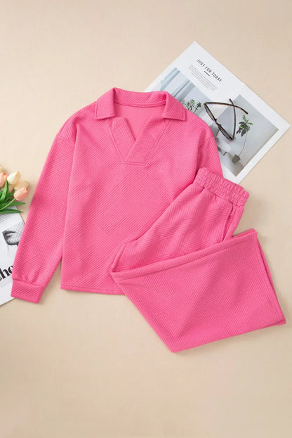 Lila - Texturiertes Ensemble mit langen Ärmeln und Hose mit Kordelzug für Frauen