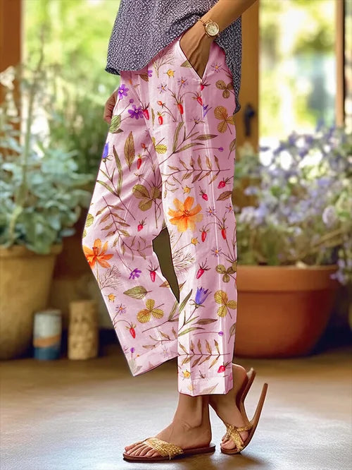 Women's Floral Pattern Loose Pocket Patchwork Casual Hosen
