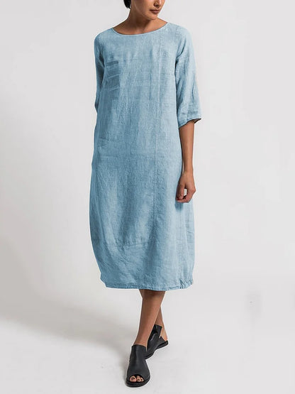 Dinny - 3/4 Ärmel Rundhalsausschnitt Schlichtes Freizeitkleid