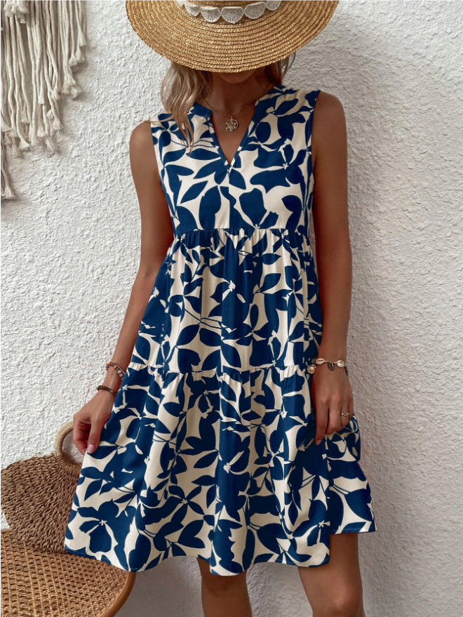 Helgia - Boho lockeres ärmelloses Midikleid mit spitzem Ausschnitt