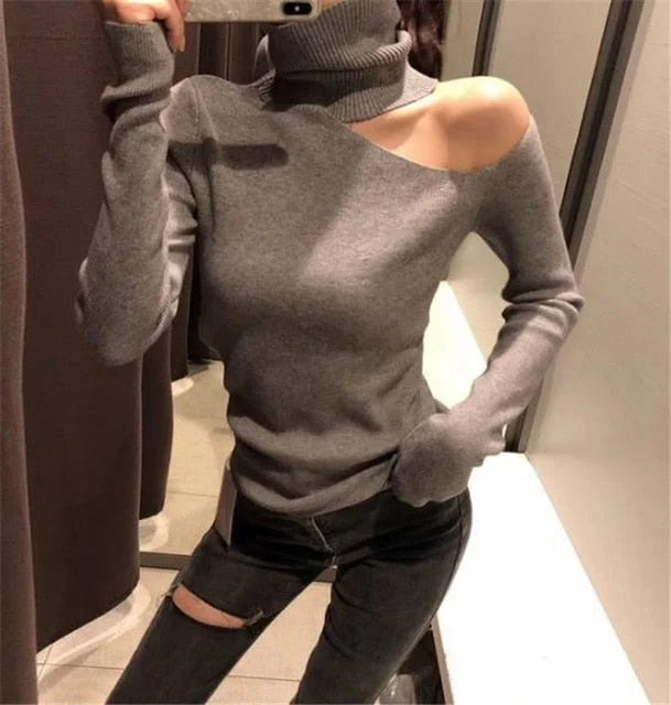 Eleganter schulterfreier Strickpullover für Frauen - Rollkragenpullover mit langen Ärmeln