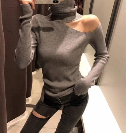 Eleganter schulterfreier Strickpullover für Frauen - Rollkragenpullover mit langen Ärmeln