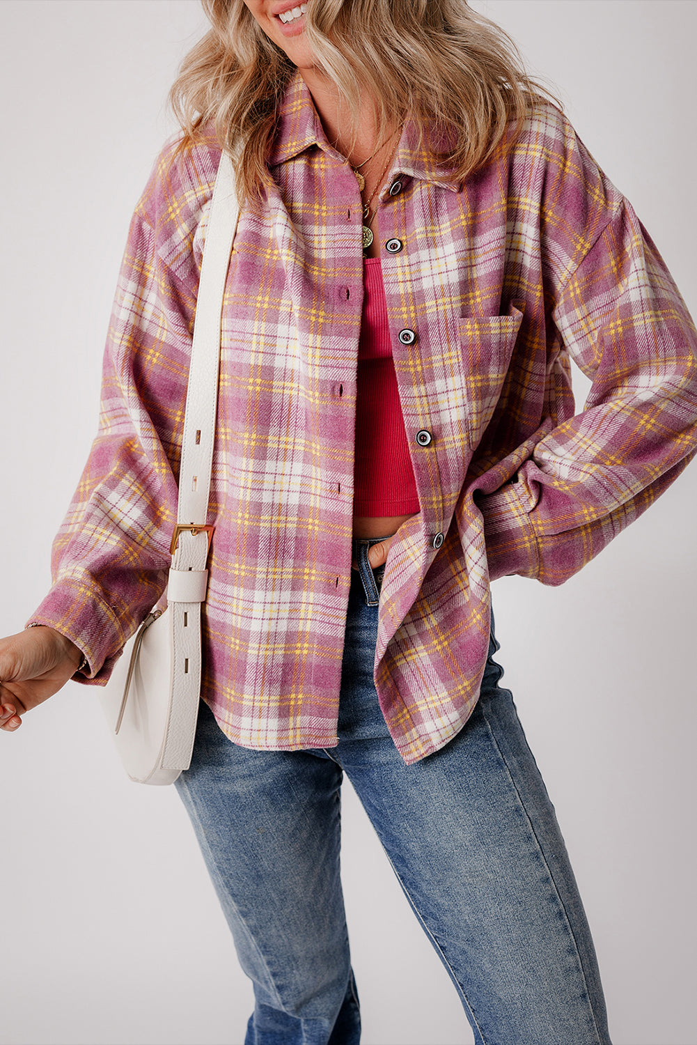 Jovelyn | Lässig Chic Rosa Kariertes Hemd Jacke
